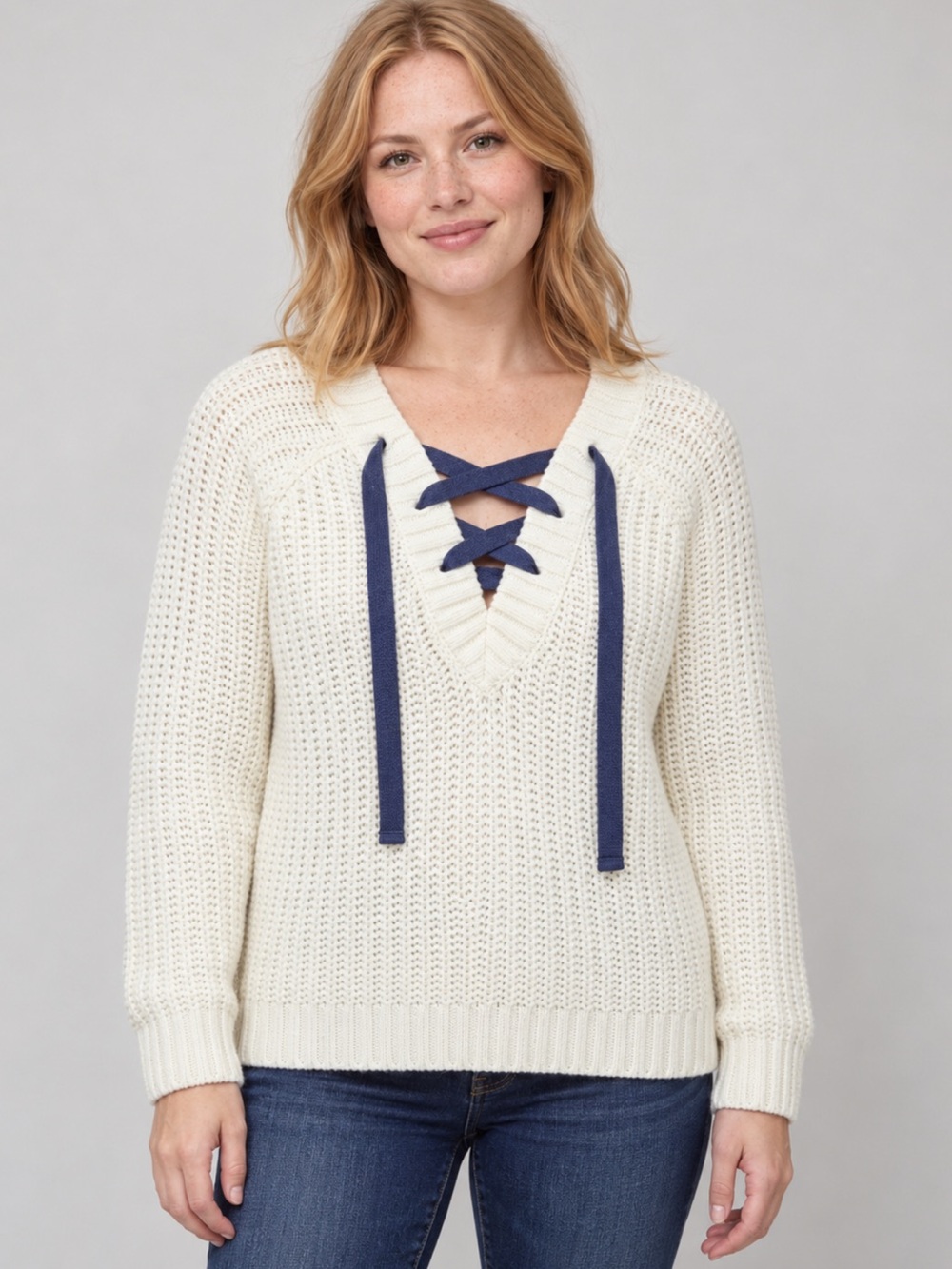 Aerie Cream Navy Lace Up Knit Sweater Medium Coastal Preppy Nautical Cozy Pullov